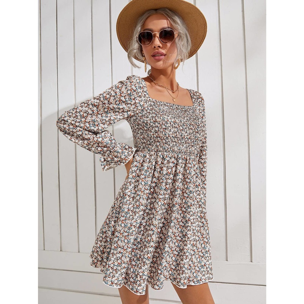 Boho Floral Shirred Bodice Square Neck long sleeve Dress - Picture 4 of 5